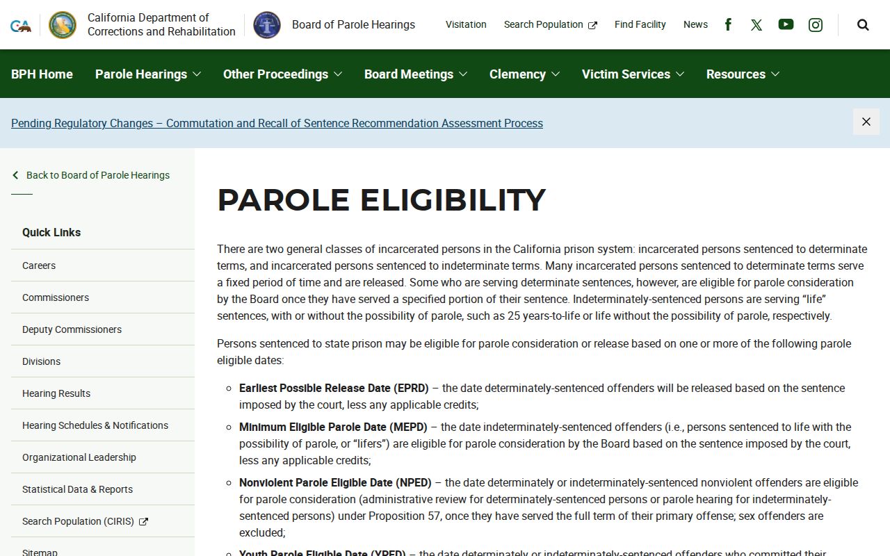 BPH parole eligibility date terms for Tuolumne County projected release date research