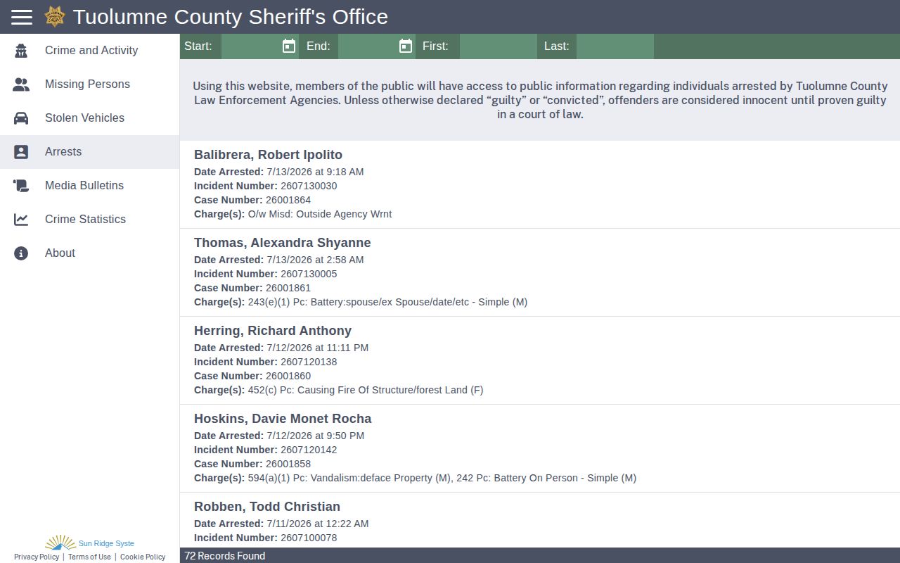 Tuolumne County arrest information page for released inmate mugshot research